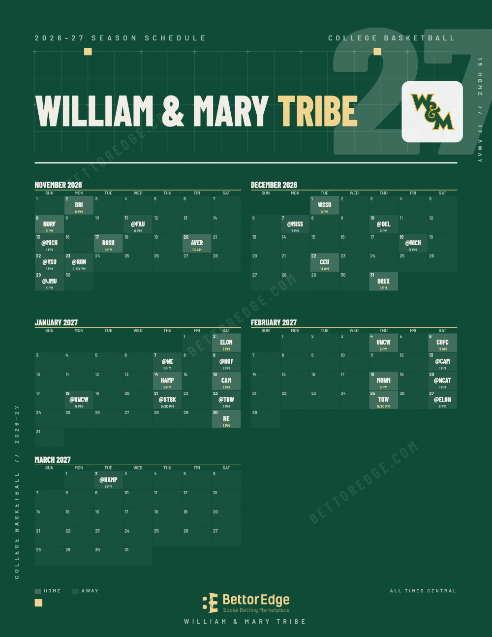 William & Mary Tribe 2026-27 basketball schedule, free printable, every game with start times and TV